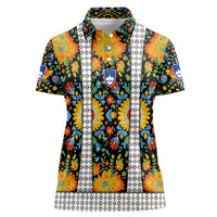 Slovenia Folk Art Women Polo Shirt Bright Floral Pattern with National Crest Emblem