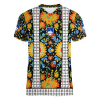 Slovenia Folk Art Women V-Neck T-Shirt Bright Floral Pattern with National Crest Emblem