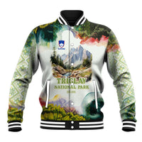Triglav National Park Baseball Jacket Mountain Landscape with Slovenia Crest and Folk Art Details
