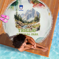 Triglav National Park Beach Blanket Mountain Landscape with Slovenia Crest and Folk Art Details