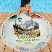 Triglav National Park Beach Blanket Mountain Landscape with Slovenia Crest and Folk Art Details