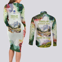 Triglav National Park Couples Matching Long Sleeve Bodycon Dress and Long Sleeve Button Shirt Mountain Landscape with Slovenia Crest and Folk Art Details