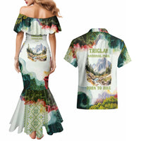 Triglav National Park Couples Matching Mermaid Dress and Hawaiian Shirt Mountain Landscape with Slovenia Crest and Folk Art Details