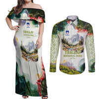 Triglav National Park Couples Matching Off Shoulder Maxi Dress and Long Sleeve Button Shirt Mountain Landscape with Slovenia Crest and Folk Art Details