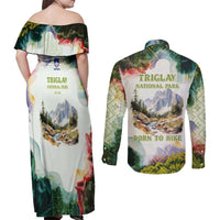 Triglav National Park Couples Matching Off Shoulder Maxi Dress and Long Sleeve Button Shirt Mountain Landscape with Slovenia Crest and Folk Art Details