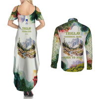 Triglav National Park Couples Matching Summer Maxi Dress and Long Sleeve Button Shirt Mountain Landscape with Slovenia Crest and Folk Art Details