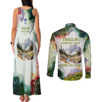 Triglav National Park Couples Matching Tank Maxi Dress and Long Sleeve Button Shirt Mountain Landscape with Slovenia Crest and Folk Art Details