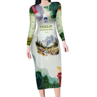 Triglav National Park Family Matching Long Sleeve Bodycon Dress and Hawaiian Shirt Mountain Landscape with Slovenia Crest and Folk Art Details