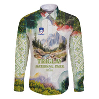 Triglav National Park Family Matching Off The Shoulder Long Sleeve Dress and Hawaiian Shirt Mountain Landscape with Slovenia Crest and Folk Art Details