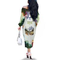 Triglav National Park Family Matching Off The Shoulder Long Sleeve Dress and Hawaiian Shirt Mountain Landscape with Slovenia Crest and Folk Art Details