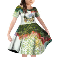 Triglav National Park Family Matching Off Shoulder Short Dress and Hawaiian Shirt Mountain Landscape with Slovenia Crest and Folk Art Details