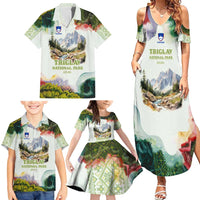 Triglav National Park Family Matching Summer Maxi Dress and Hawaiian Shirt Mountain Landscape with Slovenia Crest and Folk Art Details