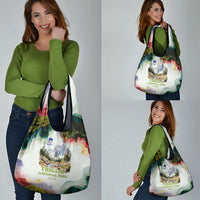 Triglav National Park Grocery Bag Mountain Landscape with Slovenia Crest and Folk Art Details