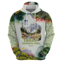 Triglav National Park Hoodie Mountain Landscape with Slovenia Crest and Folk Art Details