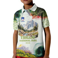 Triglav National Park Kid Polo Shirt Mountain Landscape with Slovenia Crest and Folk Art Details