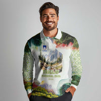 Triglav National Park Long Sleeve Polo Shirt Mountain Landscape with Slovenia Crest and Folk Art Details