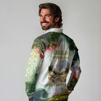 Triglav National Park Long Sleeve Polo Shirt Mountain Landscape with Slovenia Crest and Folk Art Details