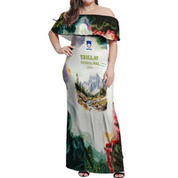 Triglav National Park Off Shoulder Maxi Dress Mountain Landscape with Slovenia Crest and Folk Art Details