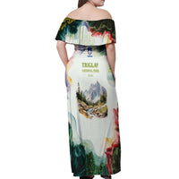Triglav National Park Off Shoulder Maxi Dress Mountain Landscape with Slovenia Crest and Folk Art Details