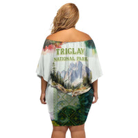 Triglav National Park Off Shoulder Short Dress Mountain Landscape with Slovenia Crest and Folk Art Details
