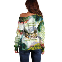 Triglav National Park Off Shoulder Sweater Mountain Landscape with Slovenia Crest and Folk Art Details