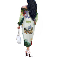 Triglav National Park Off The Shoulder Long Sleeve Dress Mountain Landscape with Slovenia Crest and Folk Art Details