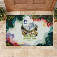 Triglav National Park Rubber Doormat Mountain Landscape with Slovenia Crest and Folk Art Details