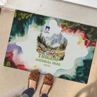 Triglav National Park Rubber Doormat Mountain Landscape with Slovenia Crest and Folk Art Details