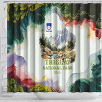 Triglav National Park Shower Curtain Mountain Landscape with Slovenia Crest and Folk Art Details