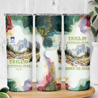 Triglav National Park Skinny Tumbler Mountain Landscape with Slovenia Crest and Folk Art Details