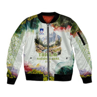 Triglav National Park Sleeve Zip Bomber Jacket Mountain Landscape with Slovenia Crest and Folk Art Details