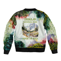 Triglav National Park Sleeve Zip Bomber Jacket Mountain Landscape with Slovenia Crest and Folk Art Details