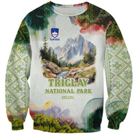 Triglav National Park Sweatshirt Mountain Landscape with Slovenia Crest and Folk Art Details