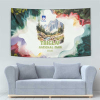 Triglav National Park Tapestry Mountain Landscape with Slovenia Crest and Folk Art Details