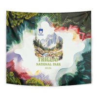 Triglav National Park Tapestry Mountain Landscape with Slovenia Crest and Folk Art Details