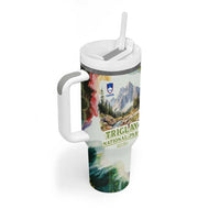 Triglav National Park Tumbler With Handle Mountain Landscape with Slovenia Crest and Folk Art Details