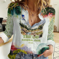 Triglav National Park Women Casual Shirt Mountain Landscape with Slovenia Crest and Folk Art Details