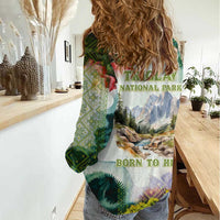 Triglav National Park Women Casual Shirt Mountain Landscape with Slovenia Crest and Folk Art Details
