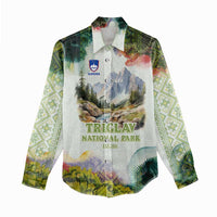 Triglav National Park Women Casual Shirt Mountain Landscape with Slovenia Crest and Folk Art Details