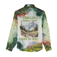 Triglav National Park Women Casual Shirt Mountain Landscape with Slovenia Crest and Folk Art Details