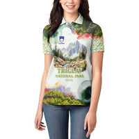 Triglav National Park Women Polo Shirt Mountain Landscape with Slovenia Crest and Folk Art Details