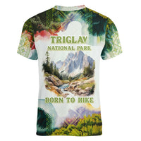Triglav National Park Women V-Neck T-Shirt Mountain Landscape with Slovenia Crest and Folk Art Details