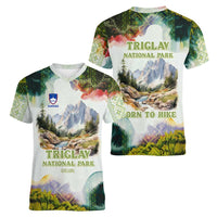 Triglav National Park Women V-Neck T-Shirt Mountain Landscape with Slovenia Crest and Folk Art Details