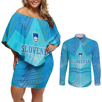 Slovenia Sport Couples Matching Off Shoulder Short Dress and Long Sleeve Button Shirt Alpine-Inspired Design with National Crest
