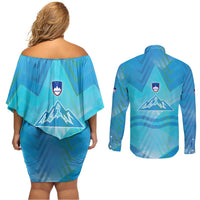 Slovenia Sport Couples Matching Off Shoulder Short Dress and Long Sleeve Button Shirt Alpine-Inspired Design with National Crest