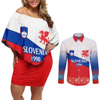 Slovenian Independence Couples Matching Off Shoulder Short Dress and Long Sleeve Button Shirt 1990 Tribute with Dragon Emblem and Alpine Legacy