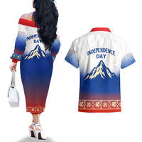 Slovenian Independence Couples Matching Off The Shoulder Long Sleeve Dress and Hawaiian Shirt 1990 Tribute with Dragon Emblem and Alpine Legacy