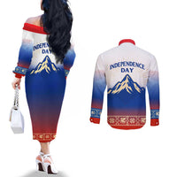 Slovenian Independence Couples Matching Off The Shoulder Long Sleeve Dress and Long Sleeve Button Shirt 1990 Tribute with Dragon Emblem and Alpine Legacy