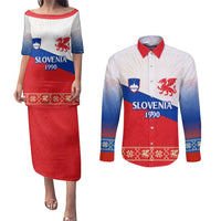 Slovenian Independence Couples Matching Puletasi and Long Sleeve Button Shirt 1990 Tribute with Dragon Emblem and Alpine Legacy