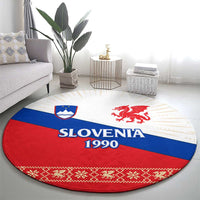 Slovenian Independence Round Carpet 1990 Tribute with Dragon Emblem and Alpine Legacy